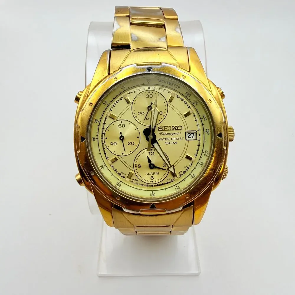 Vtg 1990's Seiko Chronograph Watch 7T32-6M59 Gold Tone New Battery Works